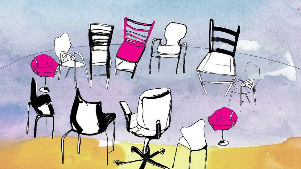A BBC illustration showing a ring of chairs at a group therapy session
