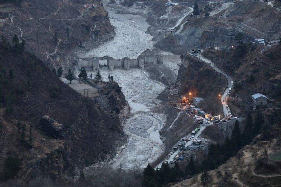 A general view of the damaged Dhauliganga hydro power project in Chamoli district, Uttarakhand, India, 09 February 2021