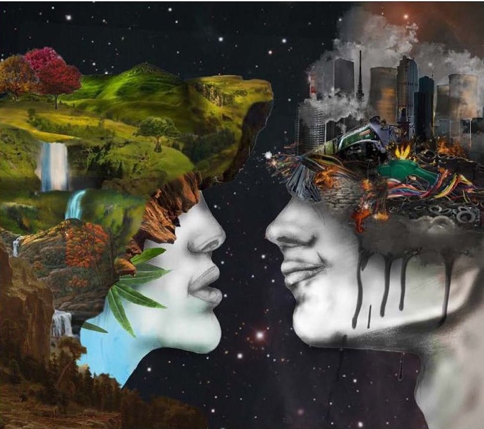 An animated pictures of a woman and man showing two different versions of life. One with beautiful depiction of nature landscape and the other chaos and destruction