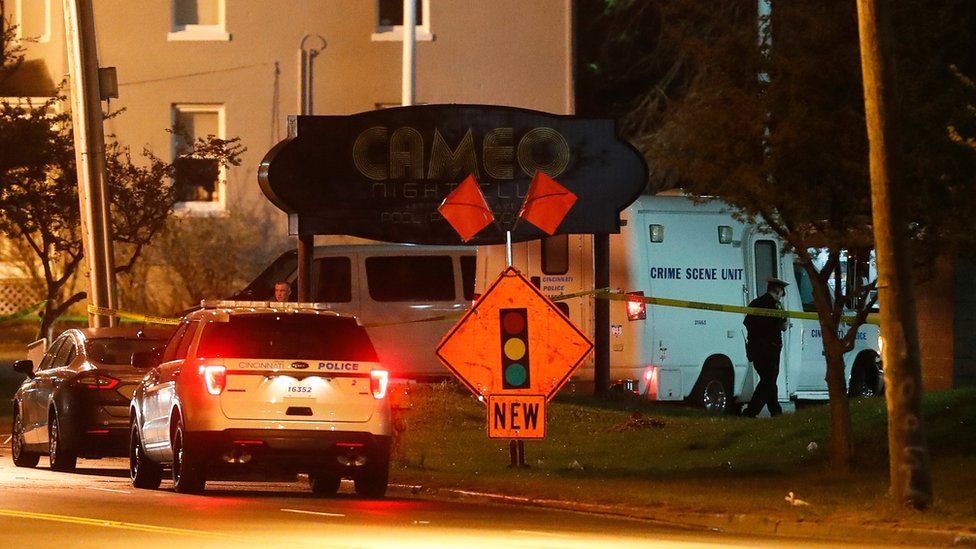 Police operate at a crime scene outside the Cameo Nightclub after a reported fatal shooting, Sunday, March 26, 2017, in Cincinnati.