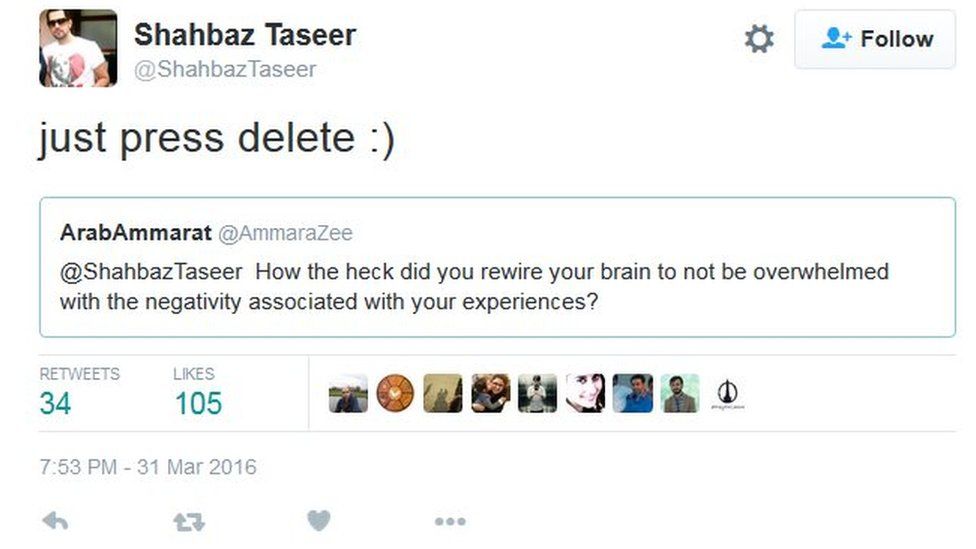 Screenshot of Shahbaz Taseer's tweet saying "just press delete:)" in response to the question: "How the heck did you rewire your brain to not be overwhelmed with the negativity associated with your experiences?"