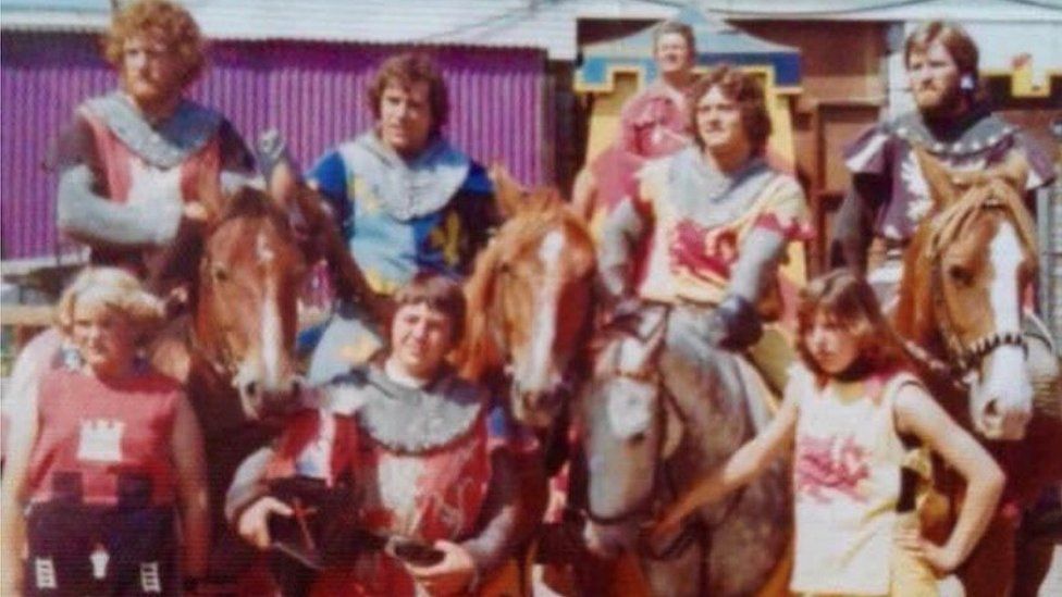 Graham Jones (in blue armour) with the other knights in the 1970s