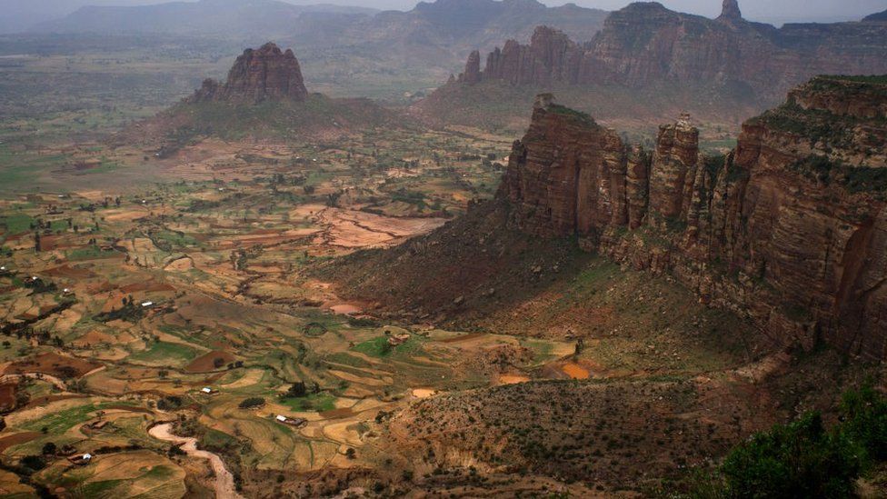 Gheralta mountains, near Hawzen, Eastern Tigray, Ethiopia. View from one of the peaks of the surrounding Gheralta mountains