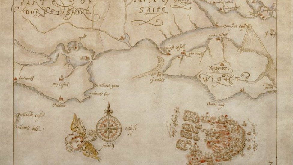 Hand-drawn map of the Spanish Armada and the south coast of England