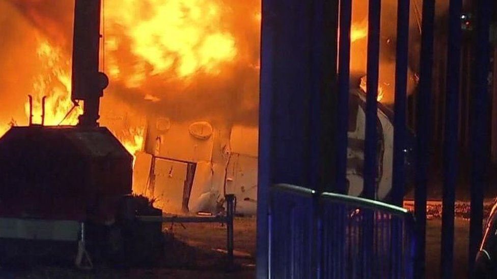 Fire after a helicopter, owned by Leicester City FC Chairman Khun Vichai Srivaddhanaprabha, crashed outside the ground on 27 Oct 2018
