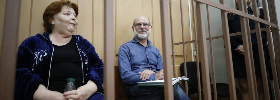 The former managing director of Russian theatre Gogol Centre, Alexei Malobrodsky (R) and accountant Nina Masliayeva (L) attend a hearing at the Basmanny district court in Moscow, Russia