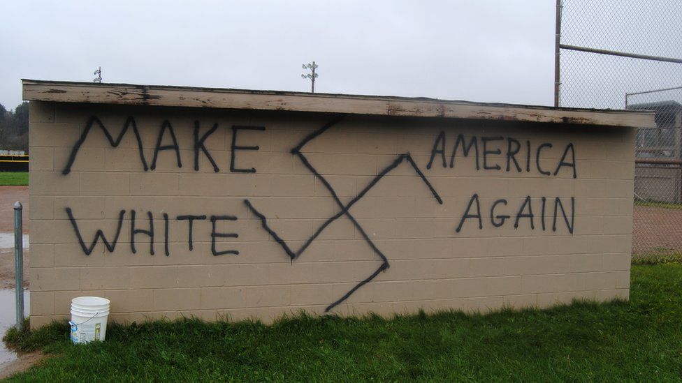 This graffiti was discovered the day after Donald Trump's election victory at a New York softball field.