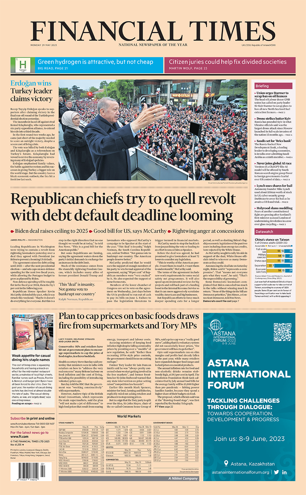 The main headline on the front page of the Financial Times reads "Republican chiefs try to quell revolt with debt default deadline looming"