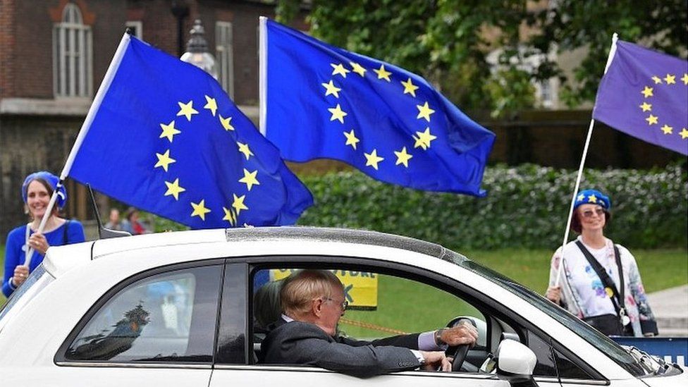 Motorist passing pro-EU campaigners in Parliament