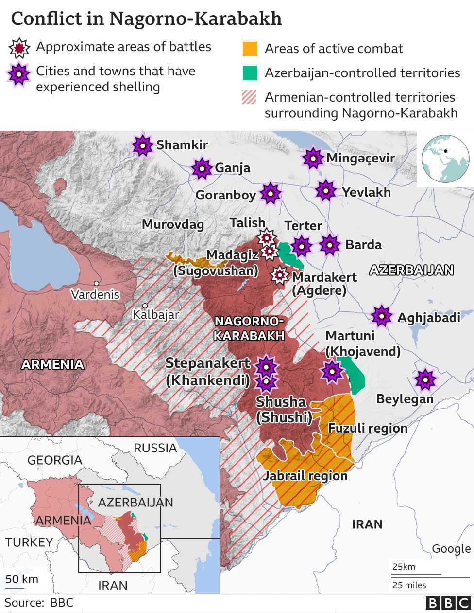 Map showing areas of fighting in the conflict