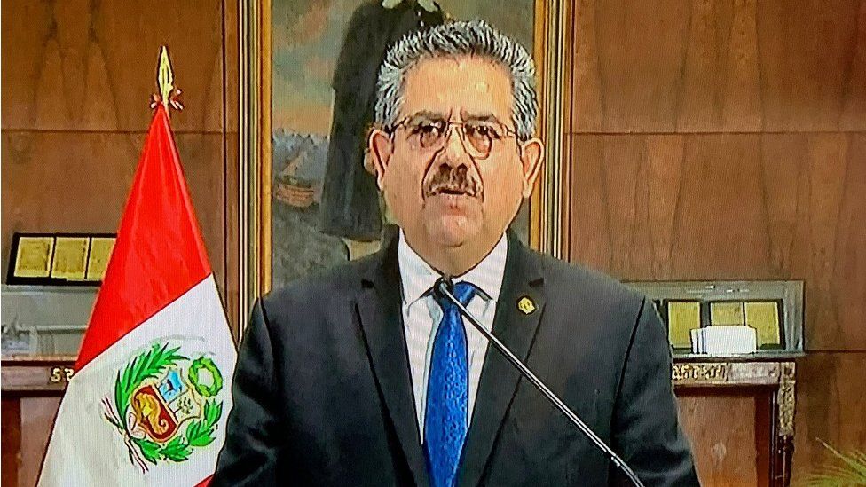 A TV grab taken as Manuel Merino announces his resignation in a televised message from the Government Palace, on 15 November 2020