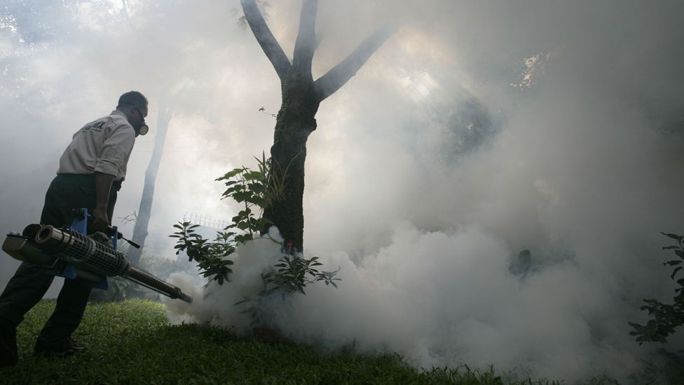 Man fumigates area to combat dengue fever