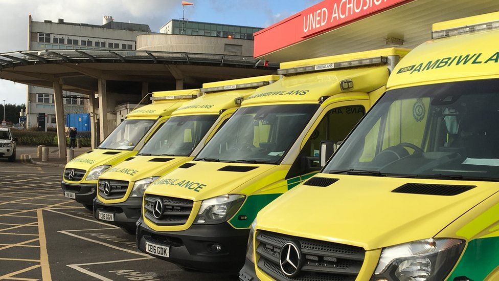 Ambulances outside University Hospital of Wales