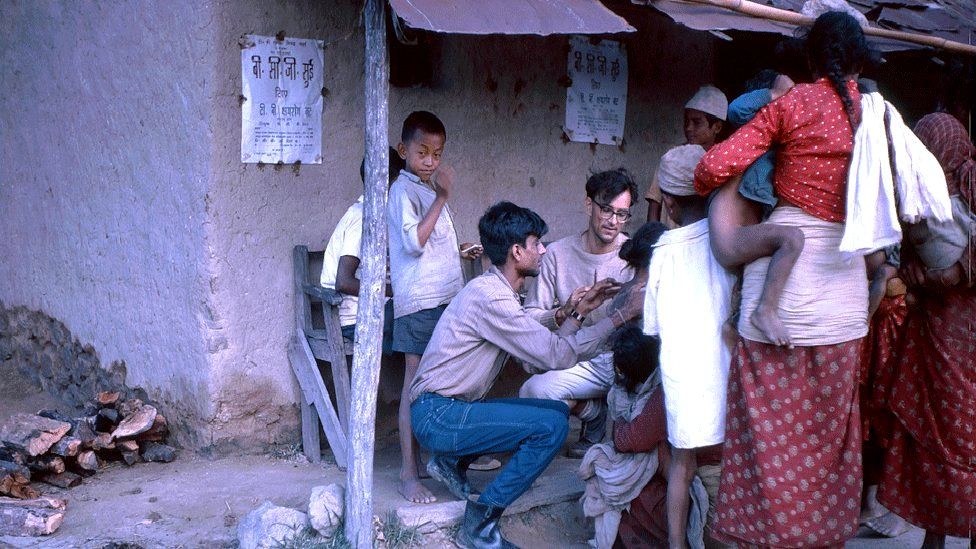 Dr Barney Rosedale at a BCG vaccination programme in a village in Dhankuta district, circa 1970