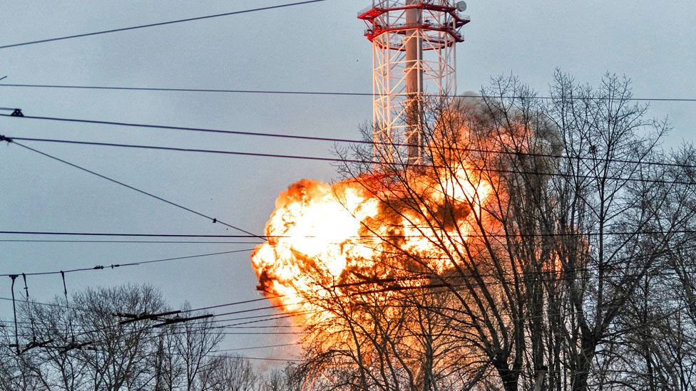 A blast is seen on the Kyiv TV tower in Ukraine on 1 March 2022