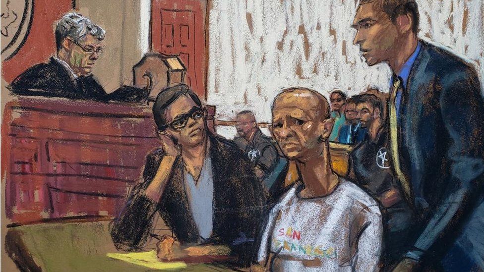 A courtroom sketch showing the accused