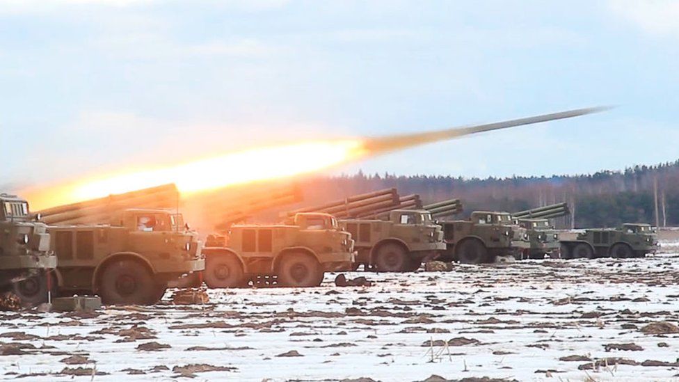 Multiple rocket launchers being fire during the Allied Resolve 2022 joint military drills by Belarusian and Russian troops