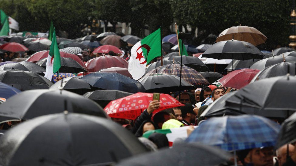 Umbrellas seen during an anti-government protest in Algiers, Algeria - Friday 15 November 2019