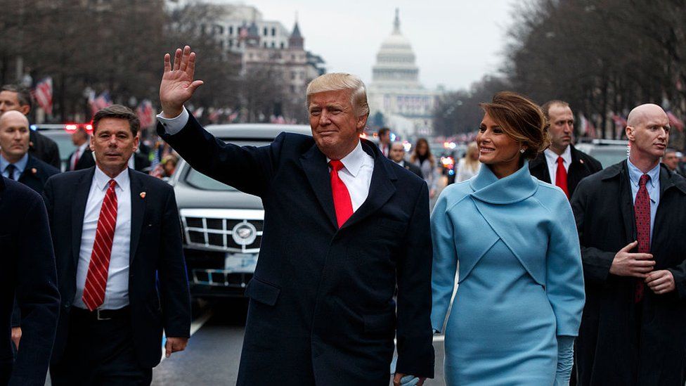 President Donald Trump waves to supporters after being sworn in; 20 Jan Washington DC