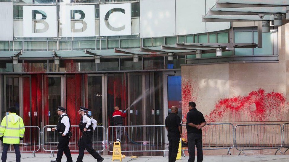 Red paint splattered across the entrance to the BBC's New Broadcasting House