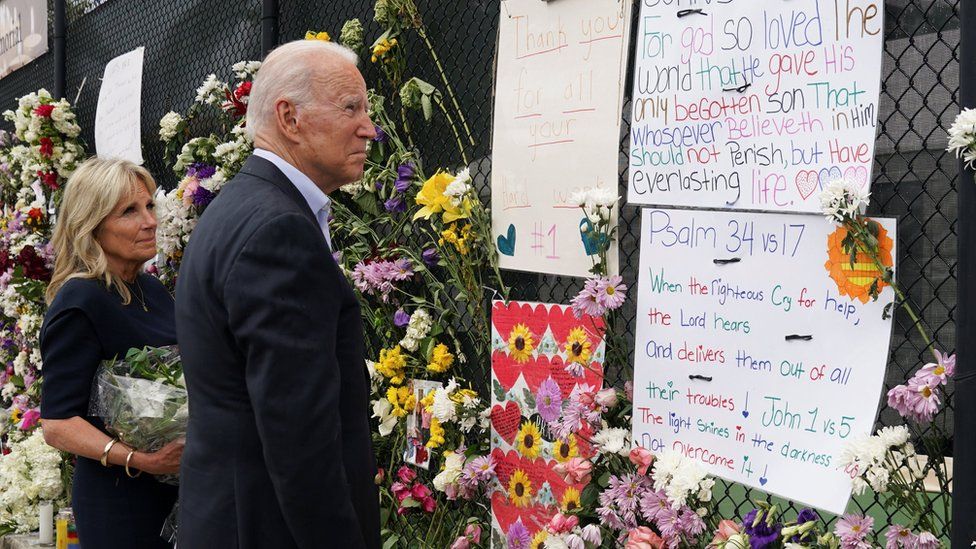 President Joe Biden and first lady Jill Biden visit a memorial put in place for the victims of the building collapse in Surfside