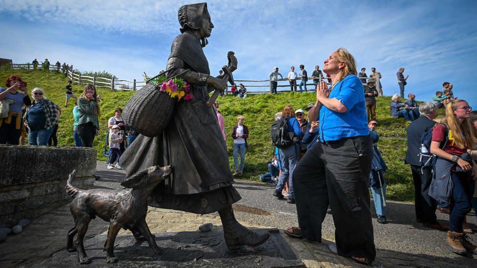 American Novelist Tracy Chevalier pays her respects to Mary Anning after the unveiling on May 21, 2022 in Lyme Regis, England.
