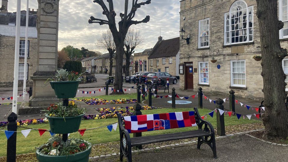 Higham Ferrers Market Square with the knitted designs