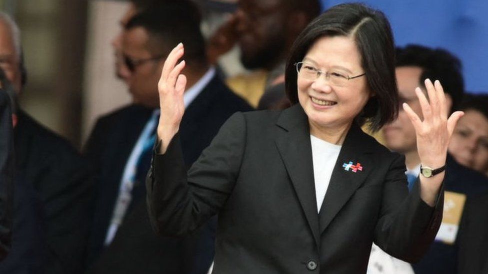 Taiwan President Tsai Ing-wen gestures during the national day in front of the Presidential Office in Taipei on October 10, 2023.