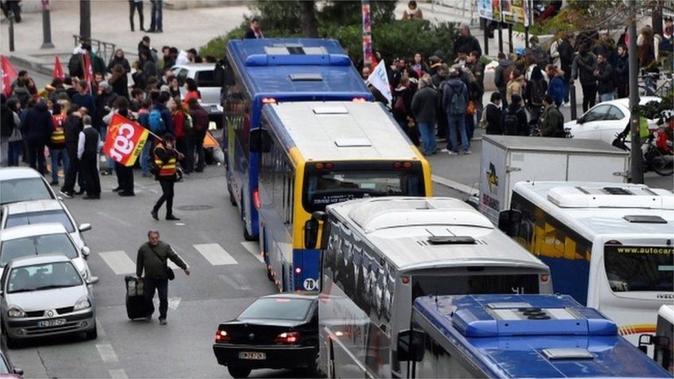 demonstrators block buses in Marseille