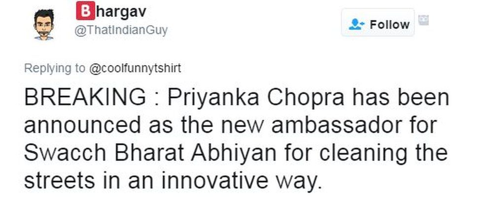 BREAKING : Priyanka Chopra has been announced as the new ambassador for Swacch Bharat Abhiyan for cleaning the streets in an innovative way.
