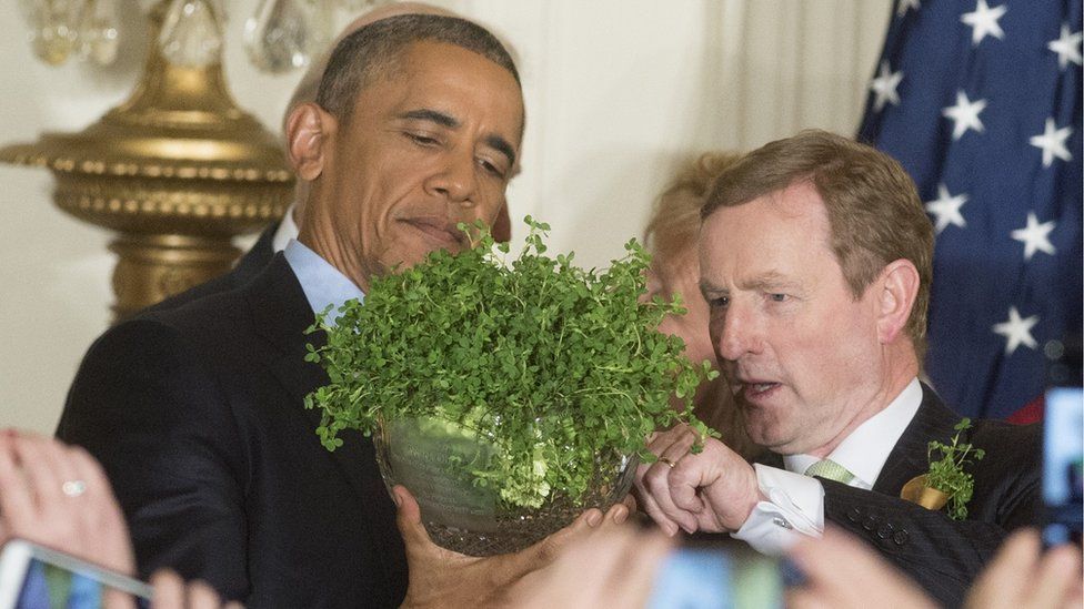 Barack Obama presented with bowl of shamrock