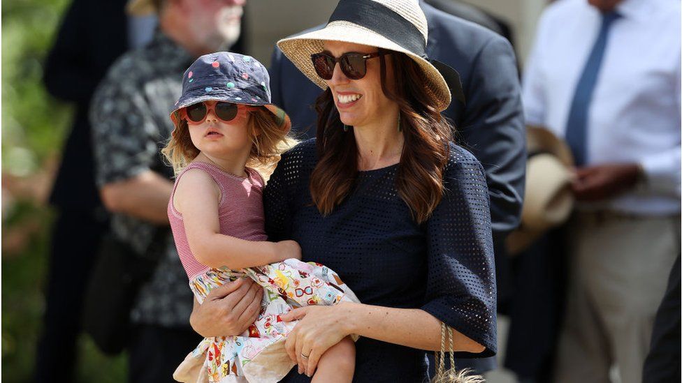 Prime Minister Jacinda Ardern arrives at the Waitangi Treaty Grounds with daughter Neve attend Beat the Retreat with the NZ Navy on February 05, 2021 in Waitangi, New Zealand.