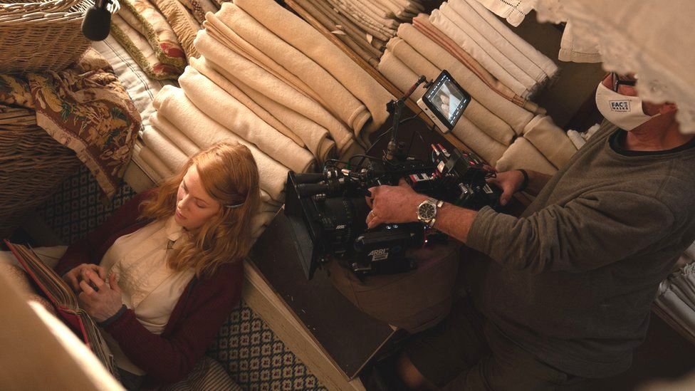 Actress Emily Beecham filming The Pursuit of Love at The Bottle Yard Studios