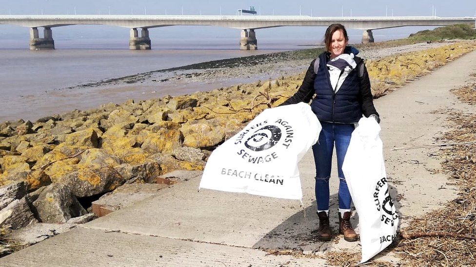 Surfers Against Sewage volunteer Charlotte England on a beach clean near the Severn Crossing
