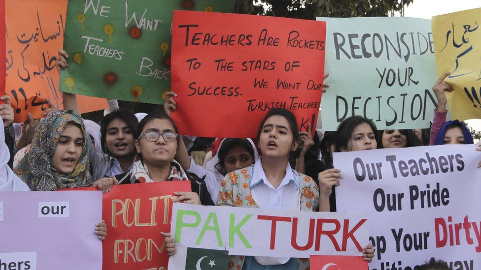 Pakistani students of the PakTurk International School protest against the deportation of their teachers in Lahore, Pakistan, Tuesday, Nov. 29, 2016.