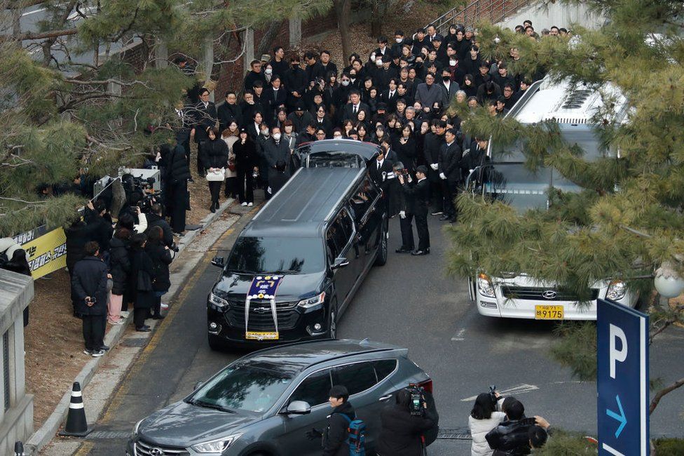 The hearse carrying the casket of late South Korean actor Lee Sun-kyun leaves a funeral hall after his funeral ceremony at the Seoul National University Hospital in Seoul on December 29, 2023.
