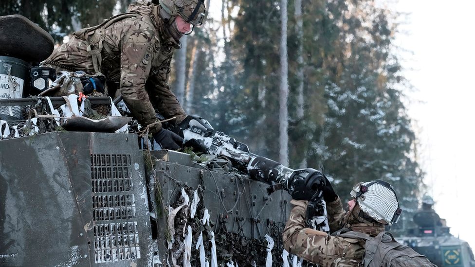 British Army servicemen with infantry fighting vehicle 'Warrior' attend military exercise Winter Camp near Tapa, Estonia, 10 February 2024.