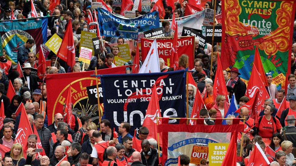 Demonstrators gather in London for a protest organised by the Trades Union Congress