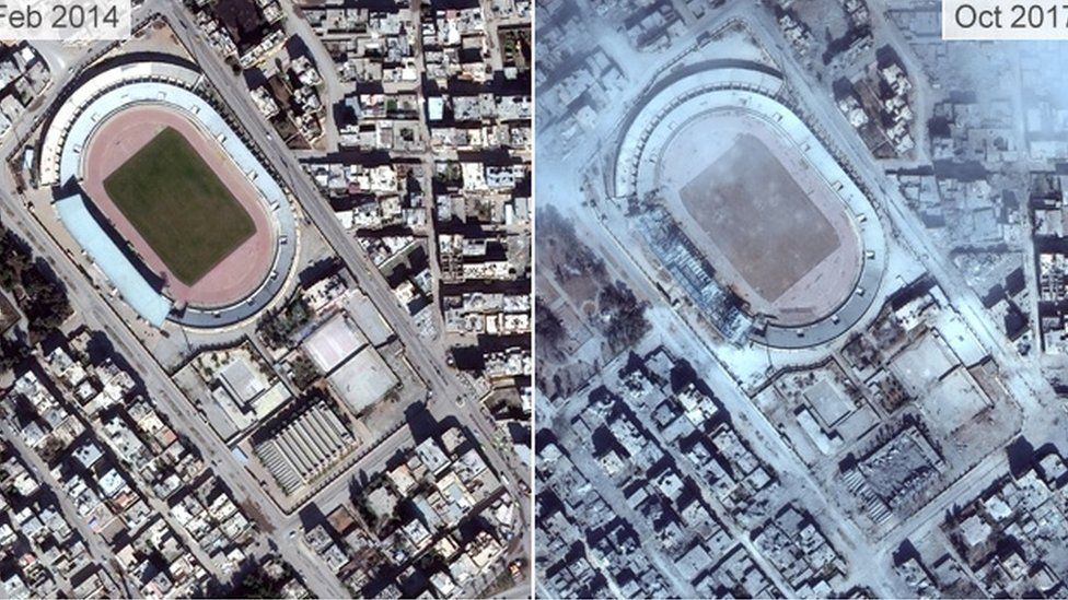 Pictures from 2014 and 2017 show the destruction of Raqqa's stadium