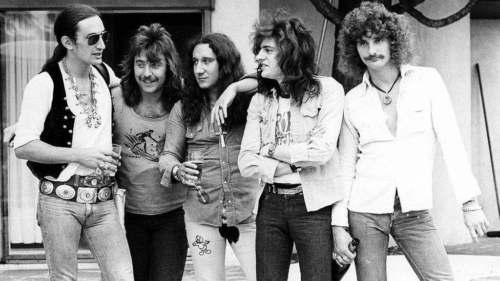 Ken Hensley, Lee Kerslake, Mick Box, Gary Thain and David Byron (left to right), of Uriah Heep
