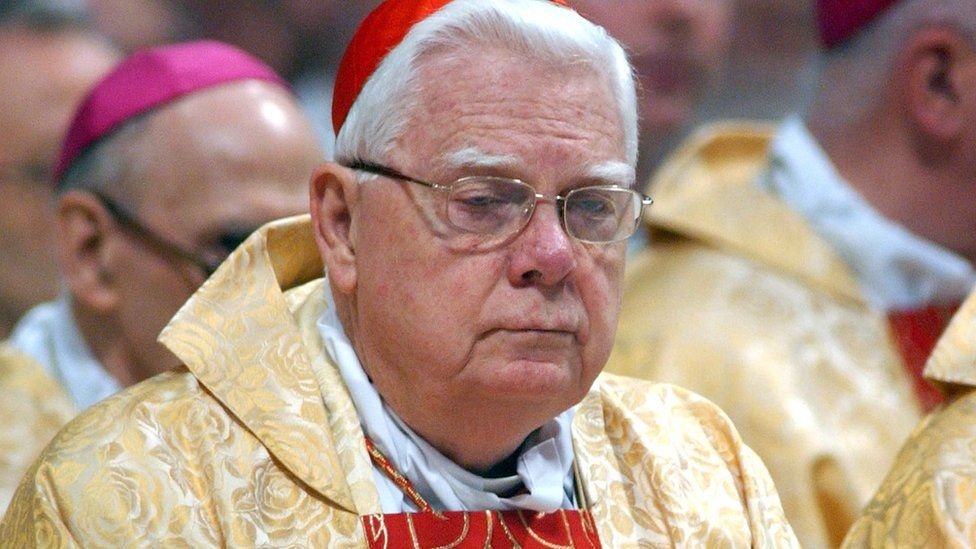 Cardinal Bernard Law attends the Chrism Mass celebration at St Peter's Basilica on March 24, 2005 in Vatican City