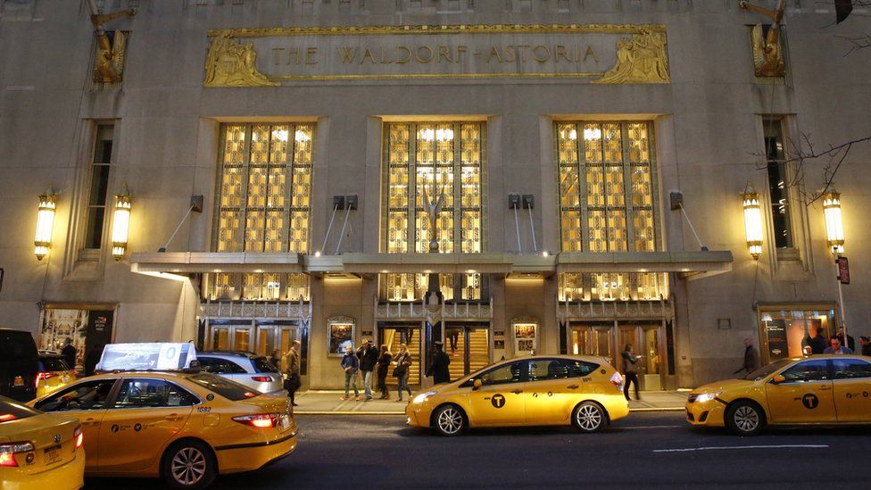 Taxis line up in front of the Waldorf Astoria hotel in New York City, 28 February 2017