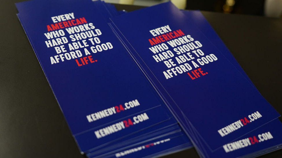 Material from Kennedy's campaign reading: "Every American who works hard should be able to afford a good life"