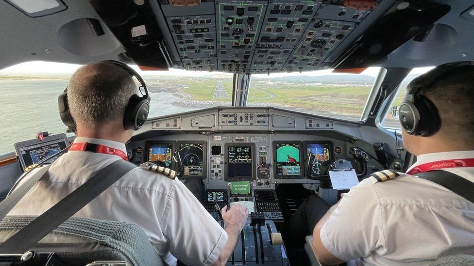 Loganair pilots in the cockpit coming in to land at Ronaldsway