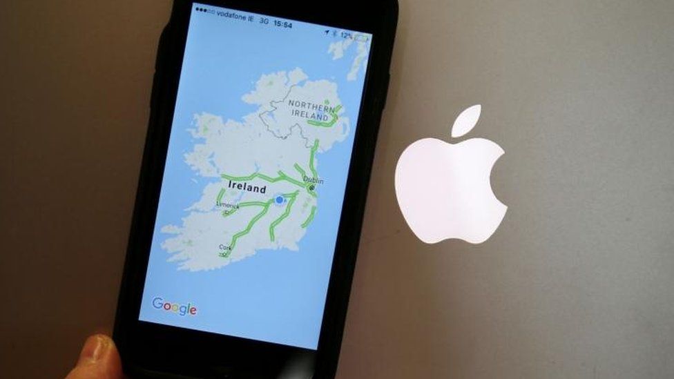Apple logo and phone showing map of Ireland