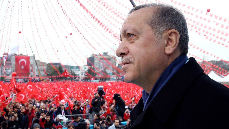 Turkey"s President Recep Tayyip Erdogan addresses his supporters in Sakarya, Turkey, Thursday, March 16, 2017