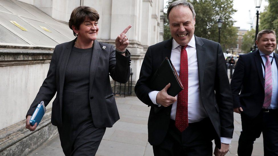 Arlene Foster and Nigel Dodds leaving Downing Street after meeting the prime minister on Tuesday