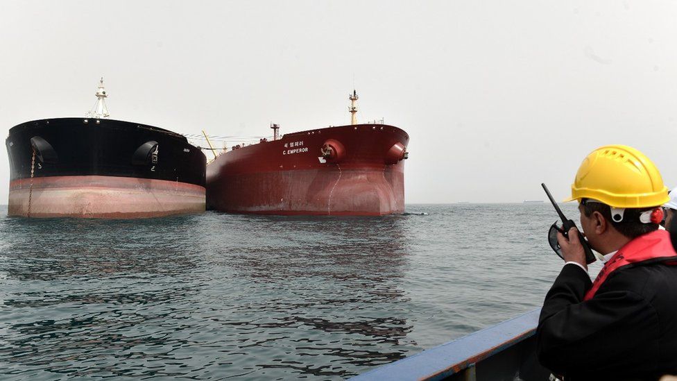 Two oil tankers at Iran’s Port of Kharg Island oil terminal