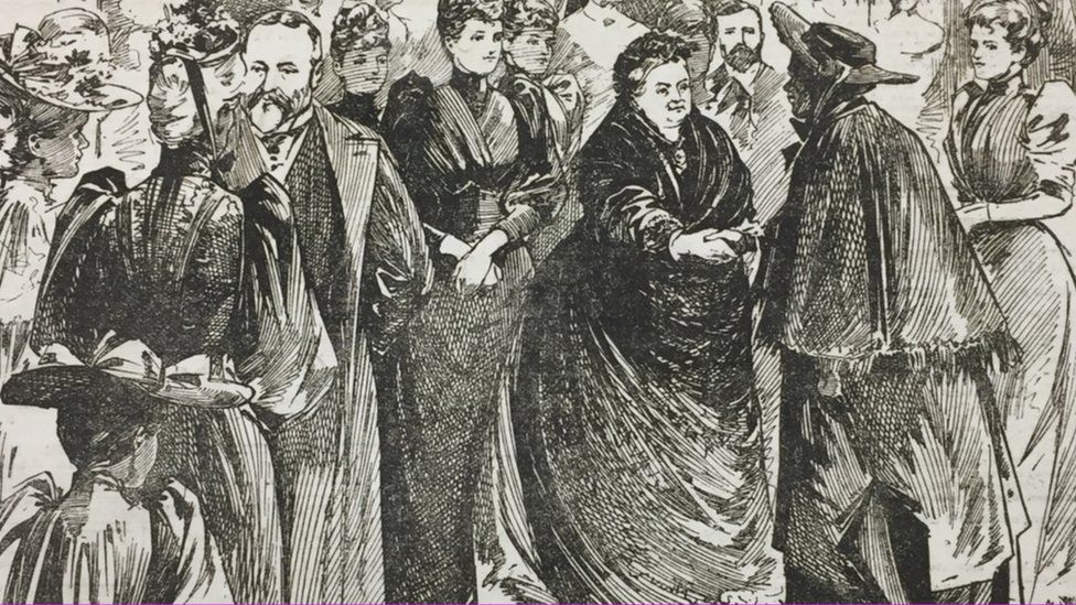 Newspaper illustration of Queen Victoria meeting former slave, and Liberian farmer Martha Ricks