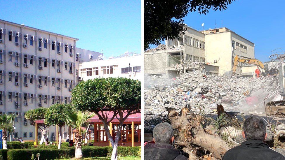 The hospital before the earthquake, and how the site looked when the BBC visited
